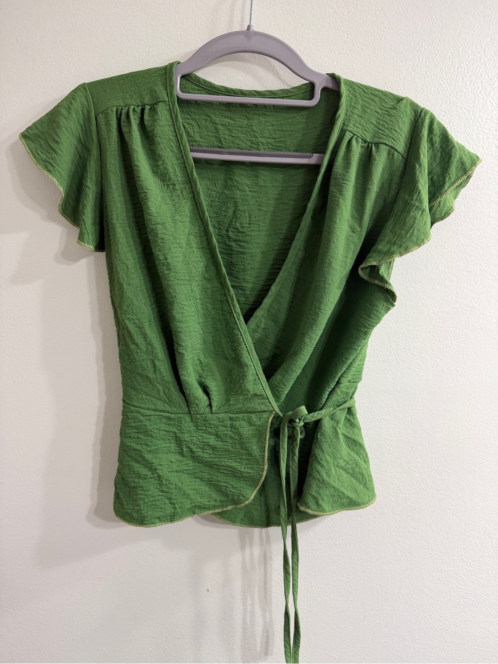 Green Wrap-Front Flutter Sleeve Top